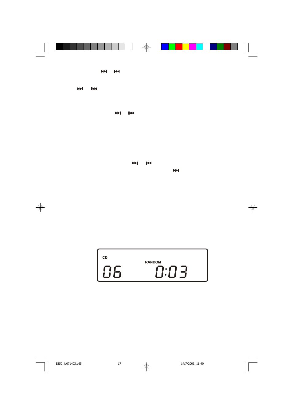 1 7 skip/search ( / ) controls, Random playback | Emerson Radio ES50 User Manual | Page 18 / 25