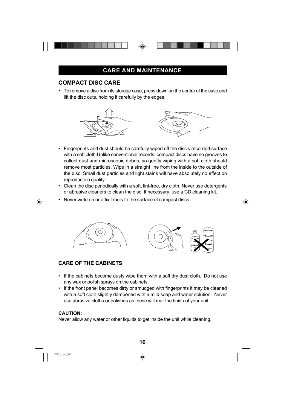 16 compact disc care, Care and maintenance | Emerson Radio ES8 User Manual | Page 17 / 20