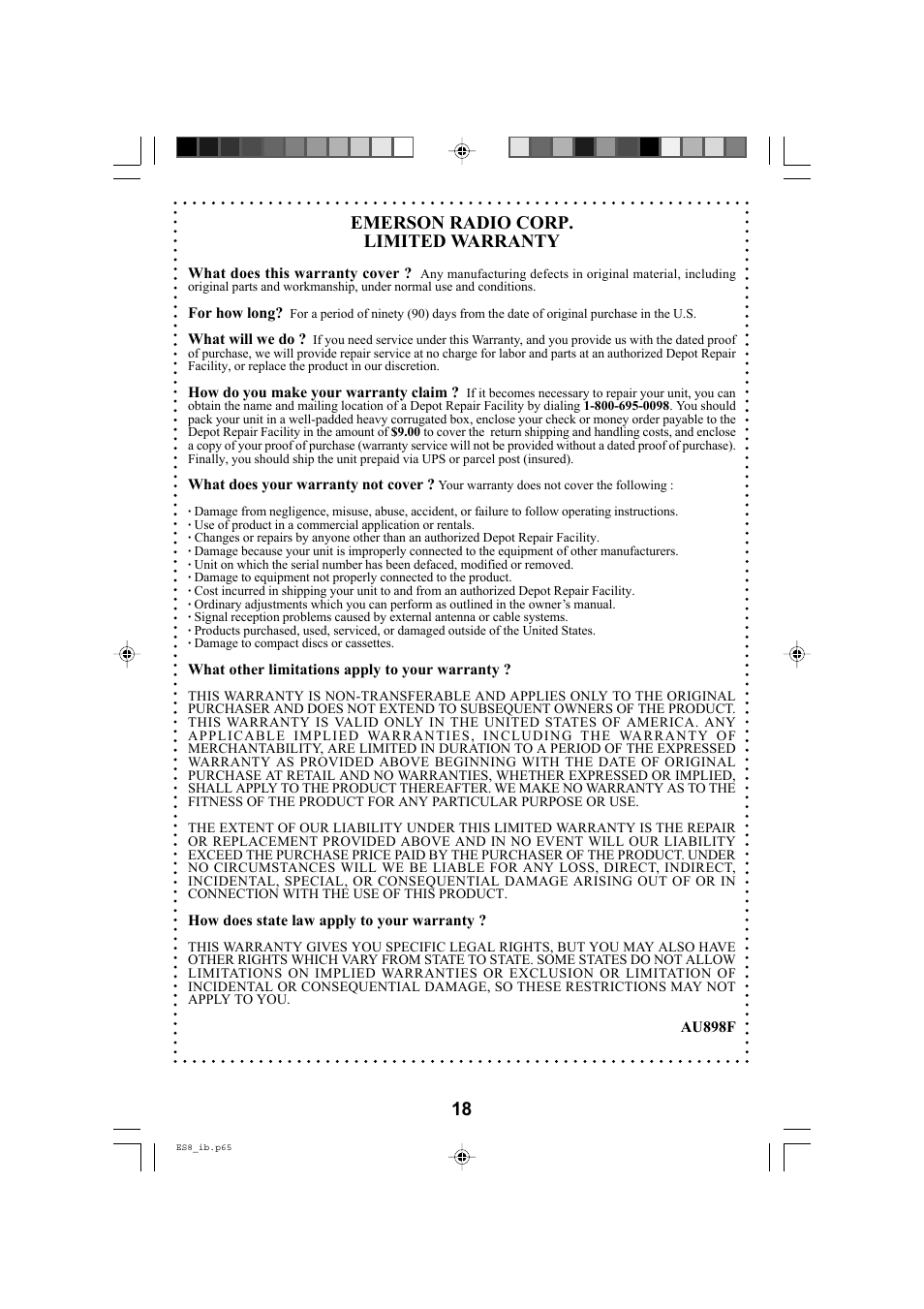 18 emerson radio corp. limited warranty | Emerson Radio ES8 User Manual | Page 19 / 20