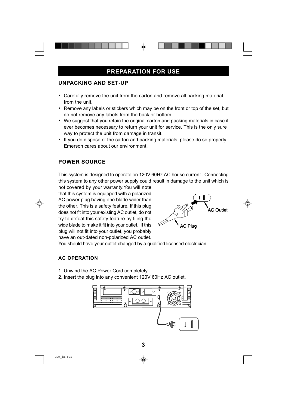 Preparation for use | Emerson Radio ES8 User Manual | Page 4 / 20