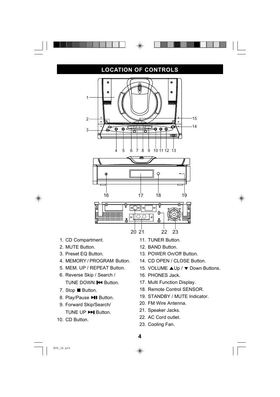 4location of controls | Emerson Radio ES8 User Manual | Page 5 / 20