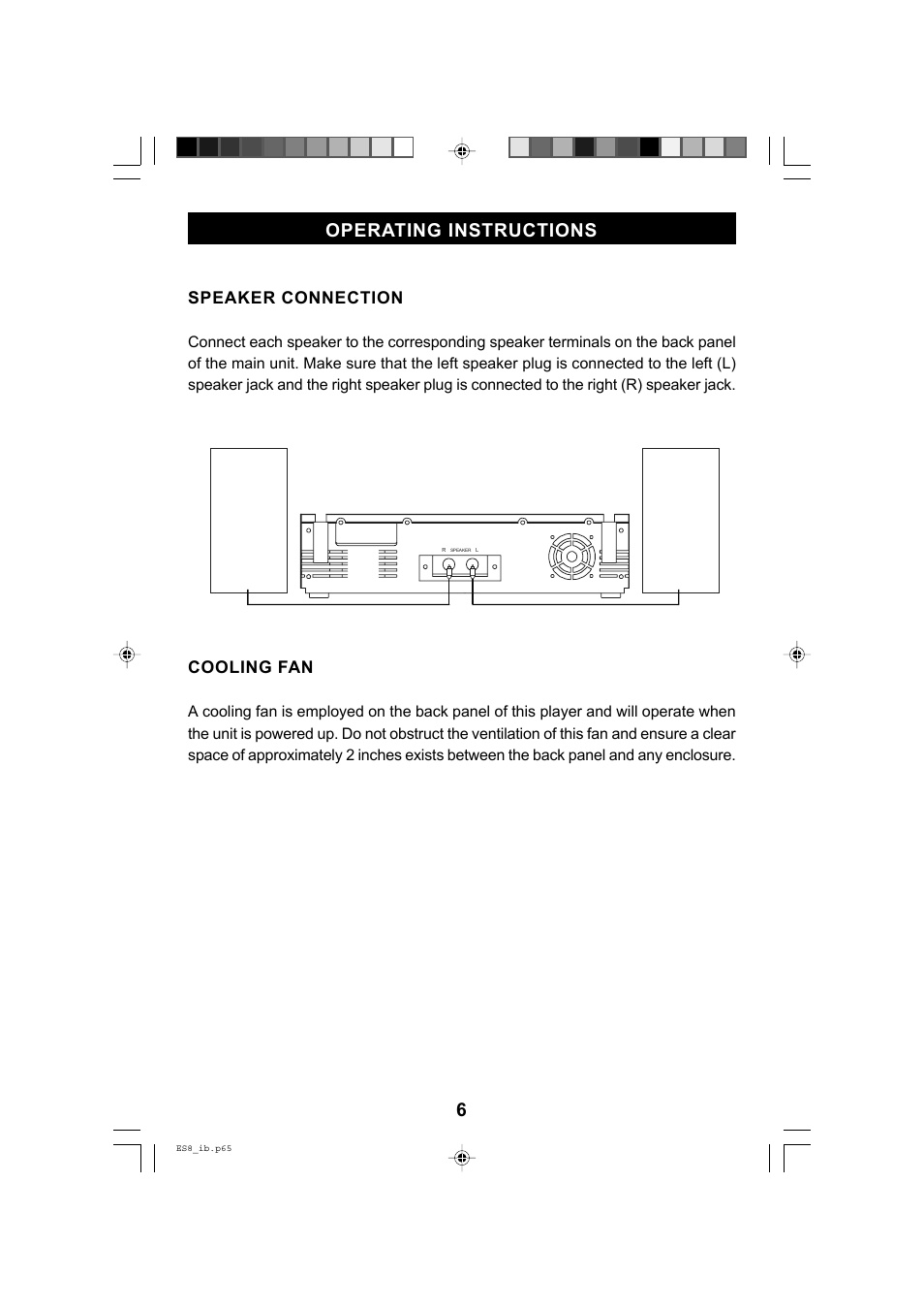 6operating instructions, Speaker connection, Cooling fan | Emerson Radio ES8 User Manual | Page 7 / 20