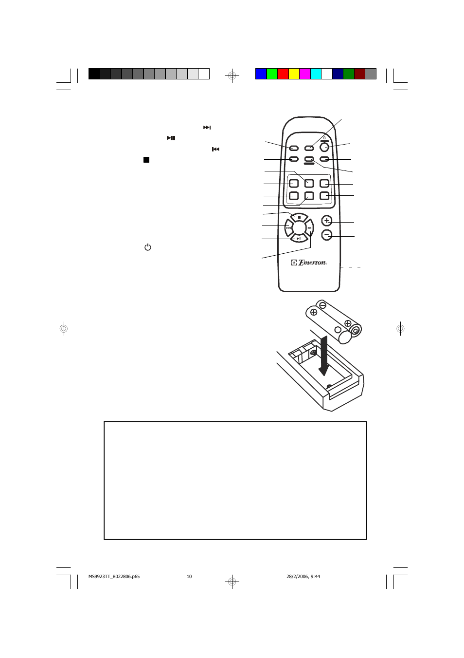 Remote control, Batte ry in s tallation, Battery precautions | Emerson Radio MS9923TT User Manual | Page 11 / 37