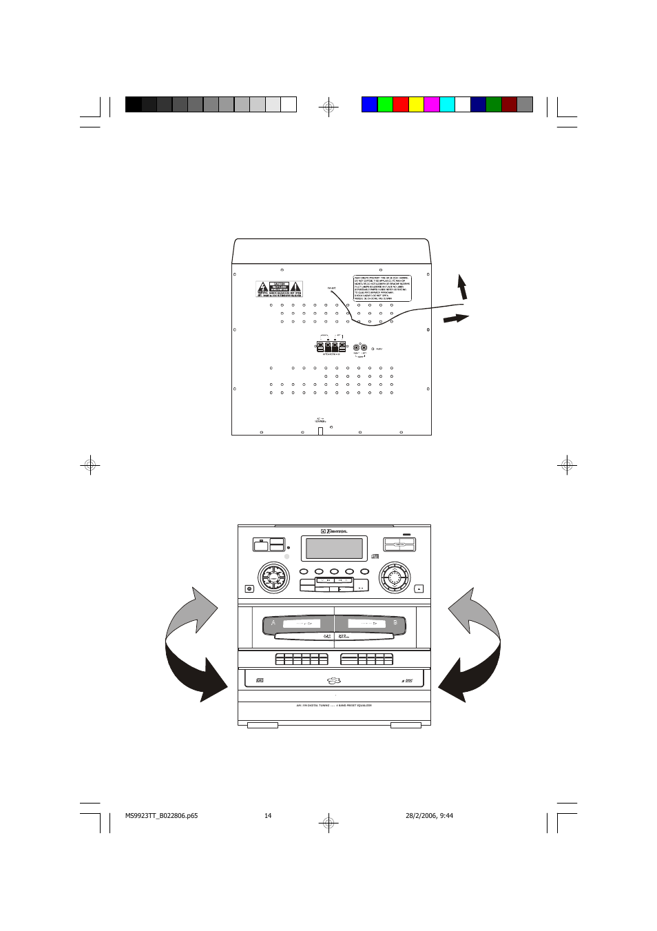 14 antenna information, Play, Disc | Record, Fm st. - mono / hi-speed dubbing bass boost, Rock pop flat, Playback record auto stop playback | Emerson Radio MS9923TT User Manual | Page 15 / 37