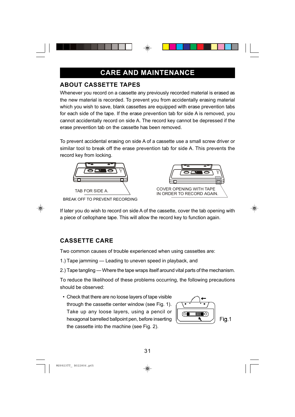 Care and maintenance, About cassette tapes, Cassette care | Emerson Radio MS9923TT User Manual | Page 32 / 37