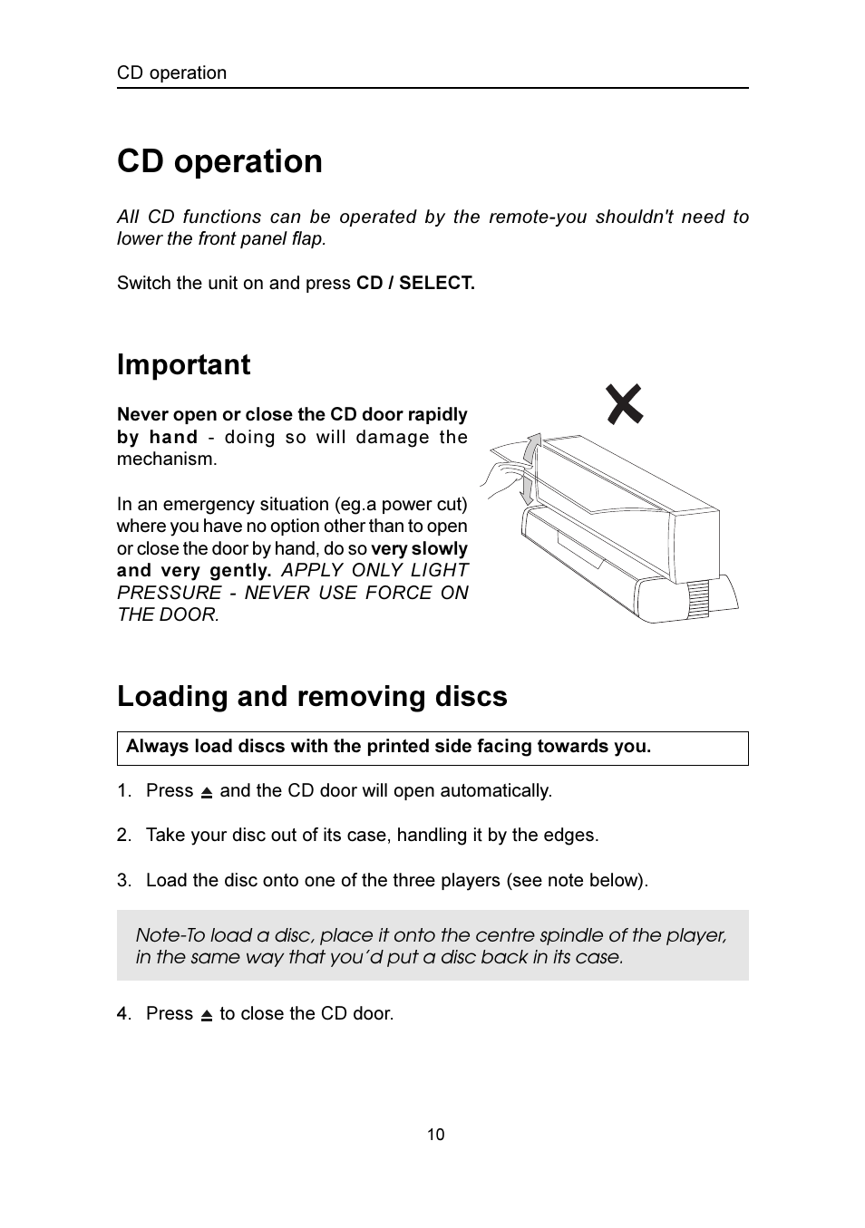 Cd operation, Important, Loading and removing discs | Emerson Radio SMV100 User Manual | Page 11 / 29