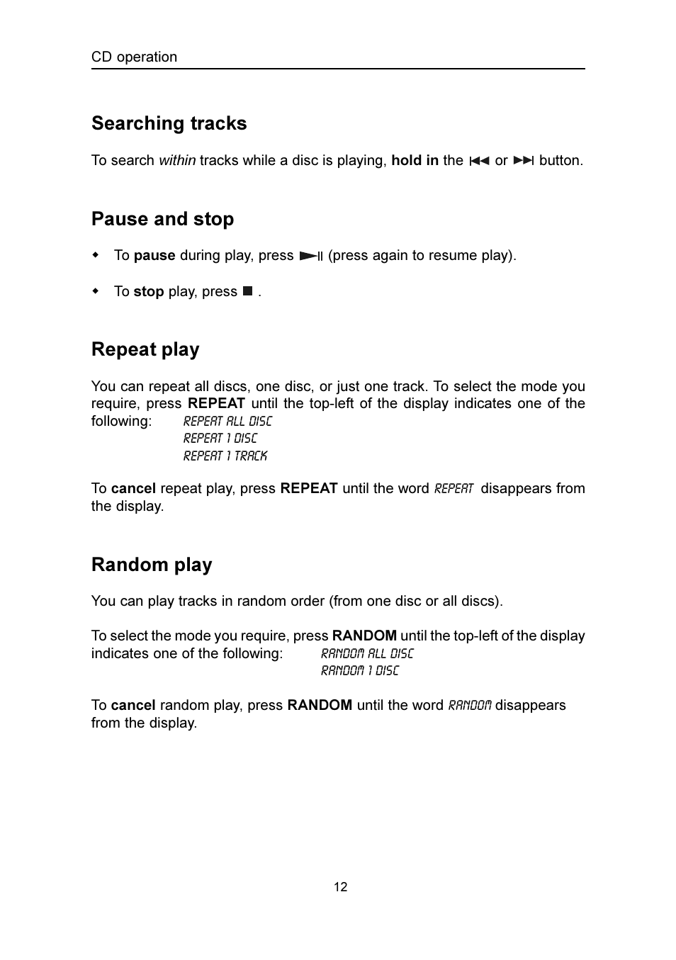 Searching tracks, Pause and stop, Repeat play | Random play | Emerson Radio SMV100 User Manual | Page 13 / 29