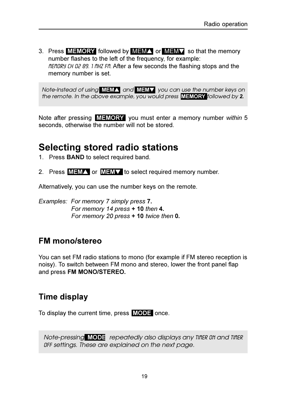 Selecting stored radio stations, Fm mono/stereo, Time display | Emerson Radio SMV100 User Manual | Page 20 / 29