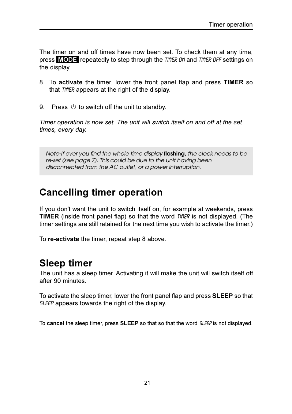 Cancelling timer operation, Sleep timer | Emerson Radio SMV100 User Manual | Page 22 / 29