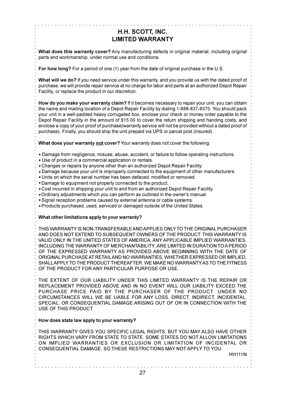 H.h. scott, inc. limited warranty | Emerson Radio SMV100 User Manual | Page 28 / 29