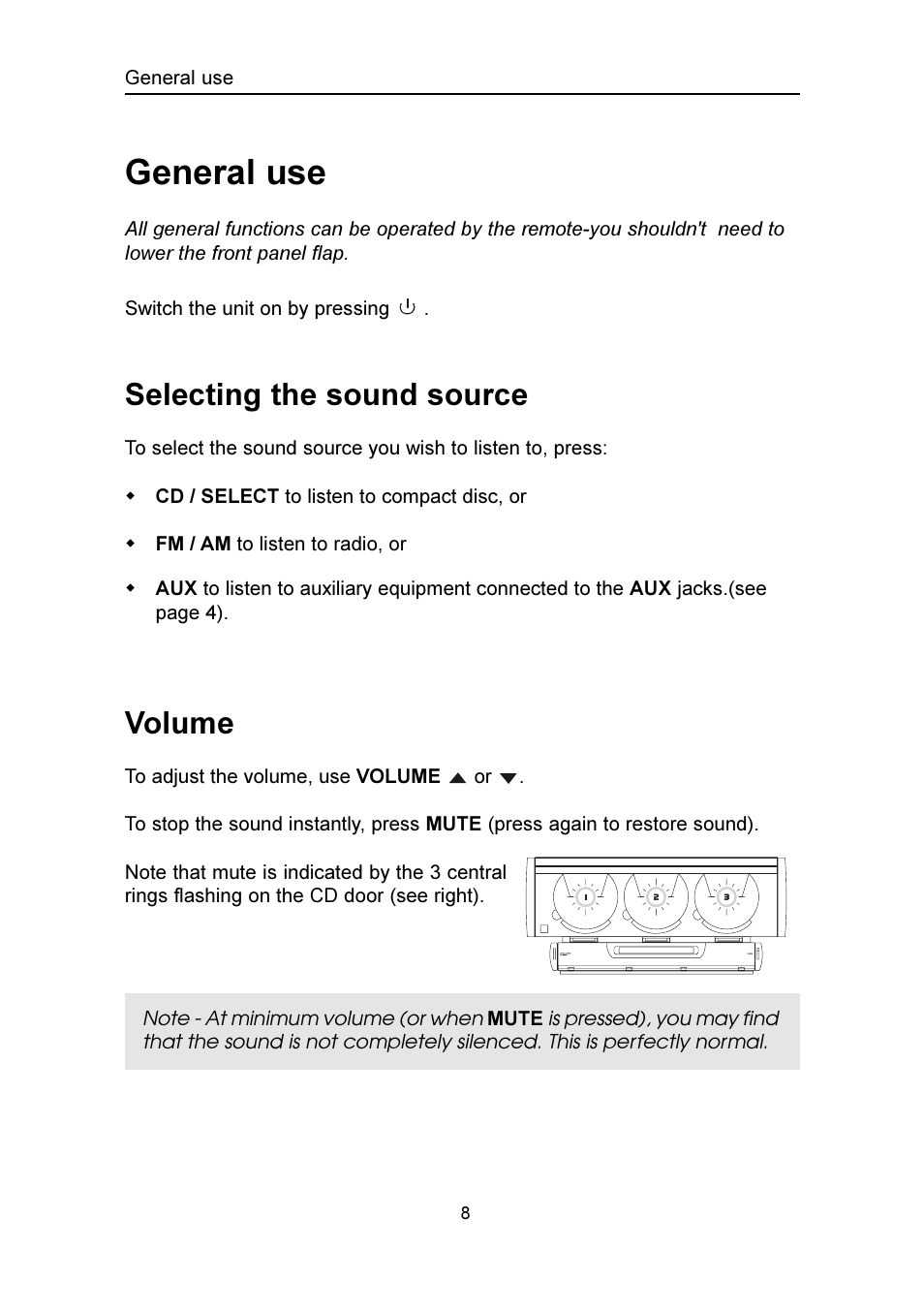 General use, Selecting the sound source, Volume | Emerson Radio SMV100 User Manual | Page 9 / 29