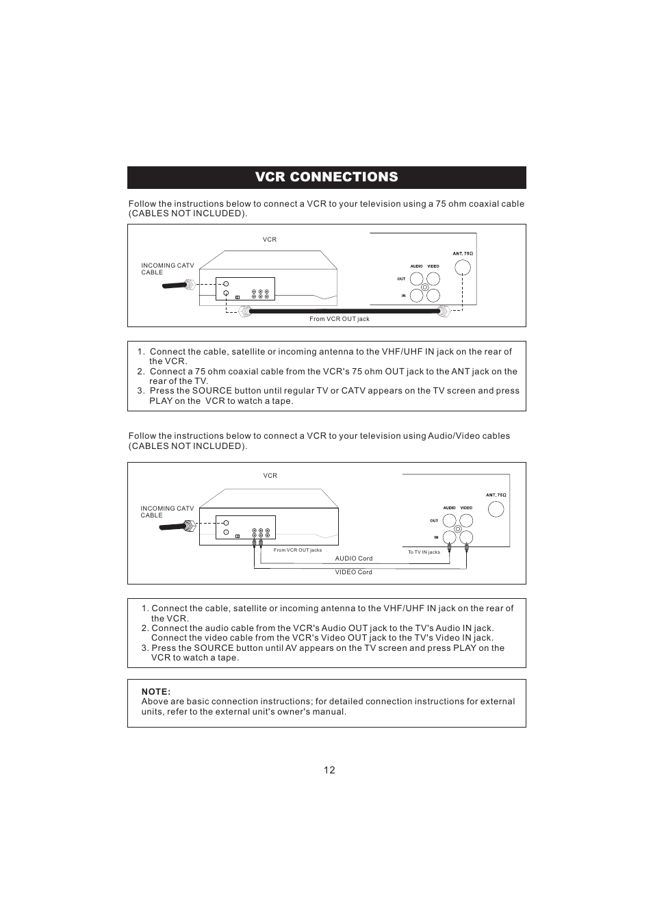 Vcr connections | Emerson Radio BAR322 User Manual | Page 13 / 36