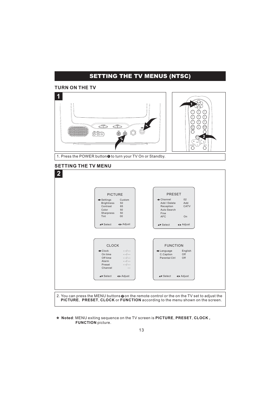 Setting the tv menus (ntsc), Turn on the tv setting the tv menu | Emerson Radio BAR322 User Manual | Page 14 / 36