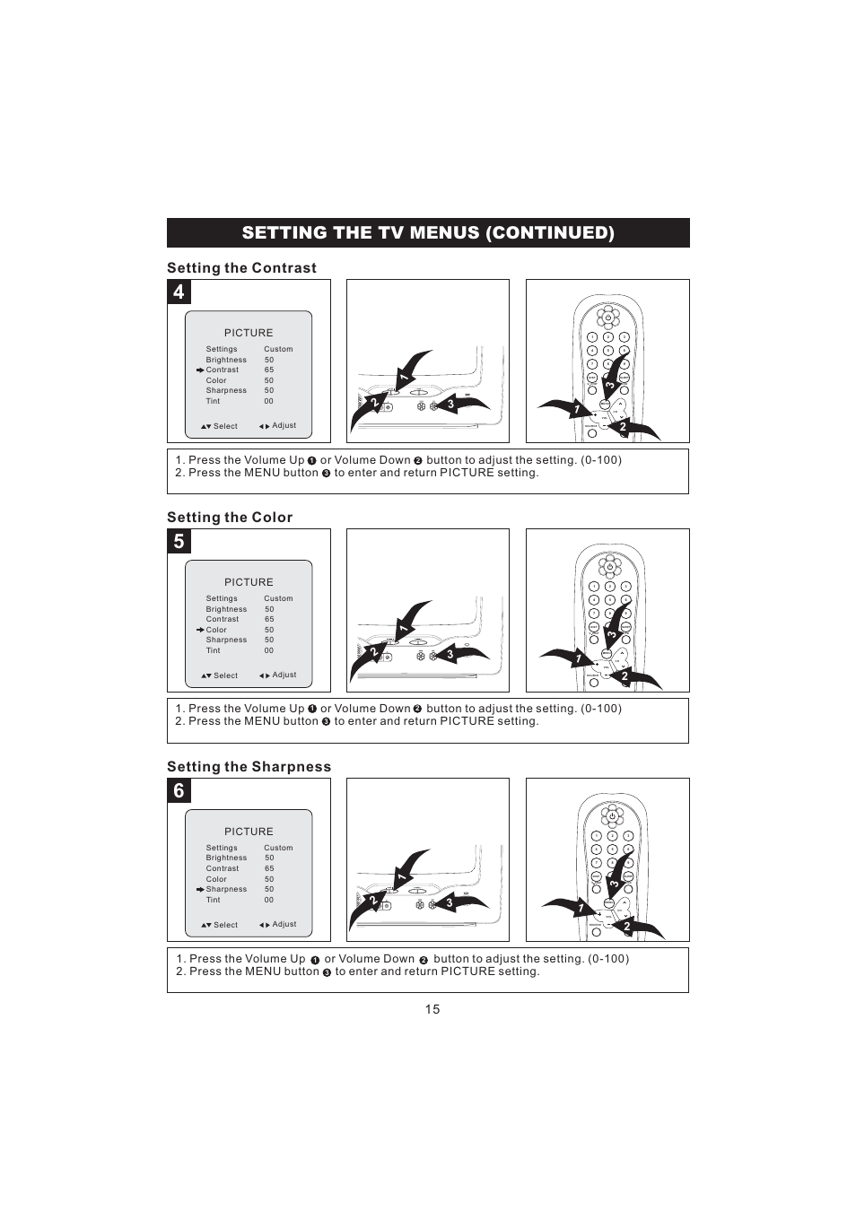 Setting the tv menus (continued), Setting the contrast, Setting the color setting the sharpness | Picture | Emerson Radio BAR322 User Manual | Page 16 / 36