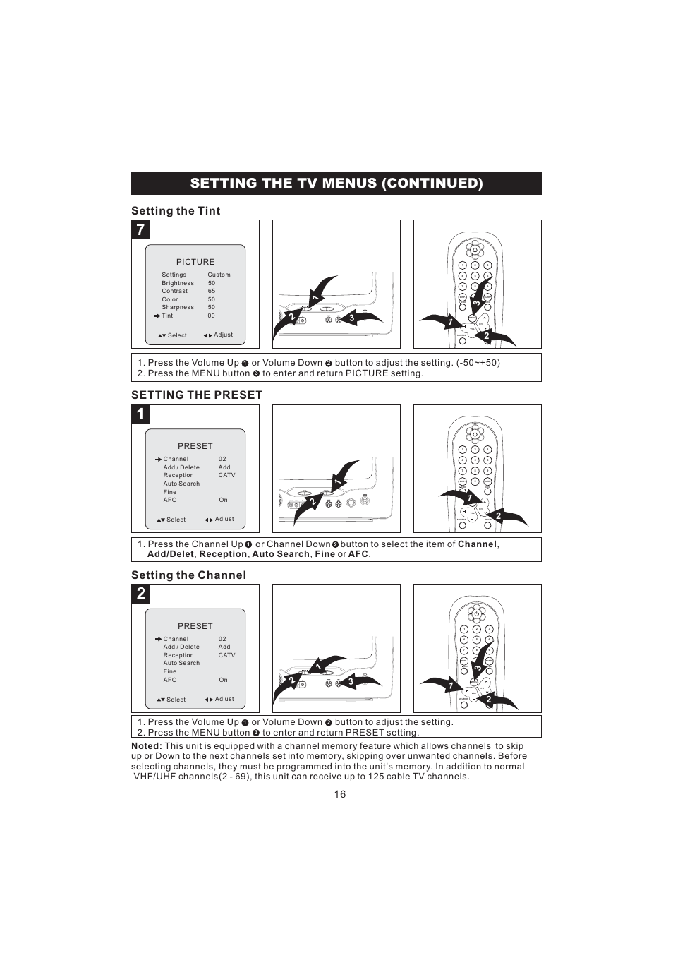 Setting the tv menus (continued), Setting the tint, Setting the preset | Setting the channel | Emerson Radio BAR322 User Manual | Page 17 / 36