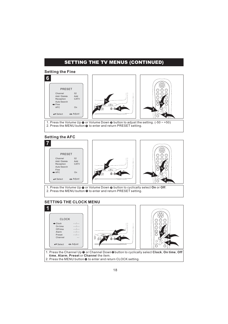 Setting the tv menus (continued), Setting the fine, Setting the afc | Setting the clock menu | Emerson Radio BAR322 User Manual | Page 19 / 36