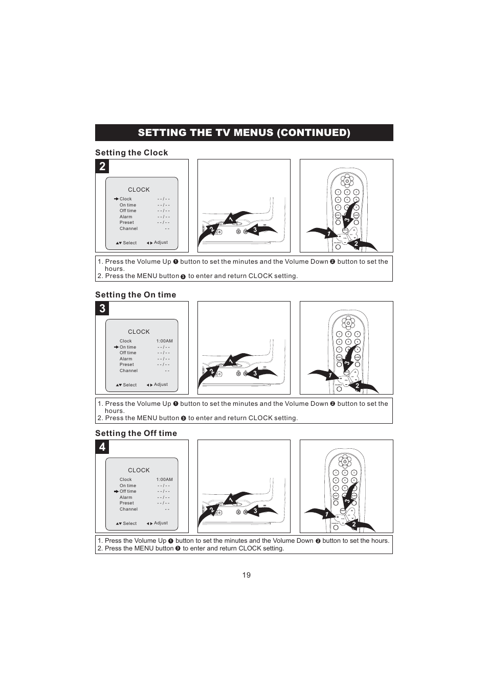 Setting the tv menus (continued), Setting the clock setting the on time, Setting the off time | Clock | Emerson Radio BAR322 User Manual | Page 20 / 36