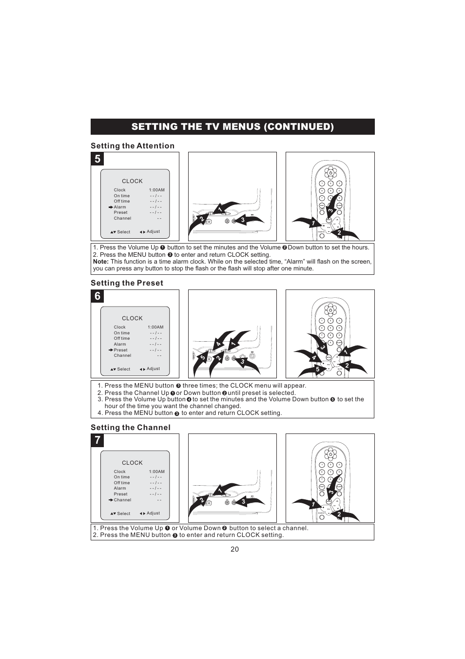 Setting the tv menus (continued), Setting the attention setting the preset, Setting the channel | Emerson Radio BAR322 User Manual | Page 21 / 36