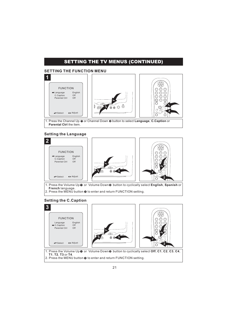 Setting the tv menus (continued), Setting the function menu, Setting the language | Setting the c.caption | Emerson Radio BAR322 User Manual | Page 22 / 36