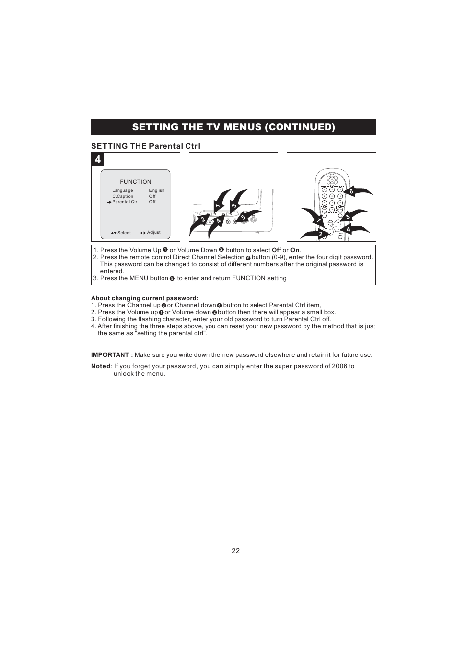 Setting the tv menus (continued), Setting the parental ctrl | Emerson Radio BAR322 User Manual | Page 23 / 36