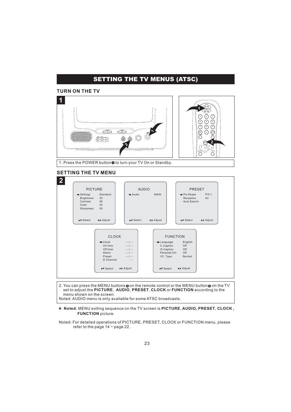 Setting the tv menus (atsc), Turn on the tv setting the tv menu | Emerson Radio BAR322 User Manual | Page 24 / 36