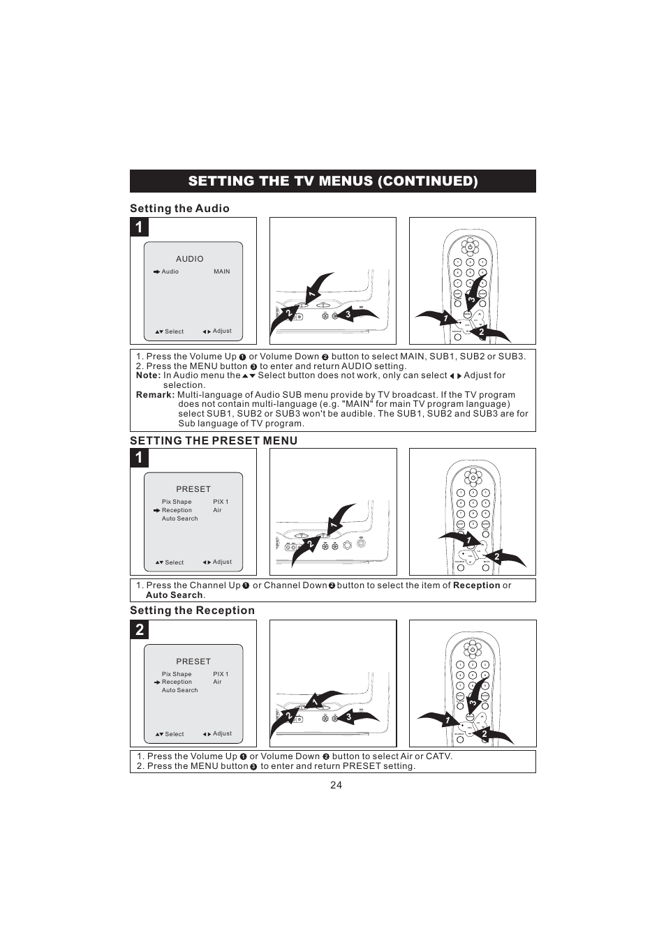 Setting the tv menus ( ) continued, Setting the audio, Setting the preset menu | Setting the reception | Emerson Radio BAR322 User Manual | Page 25 / 36