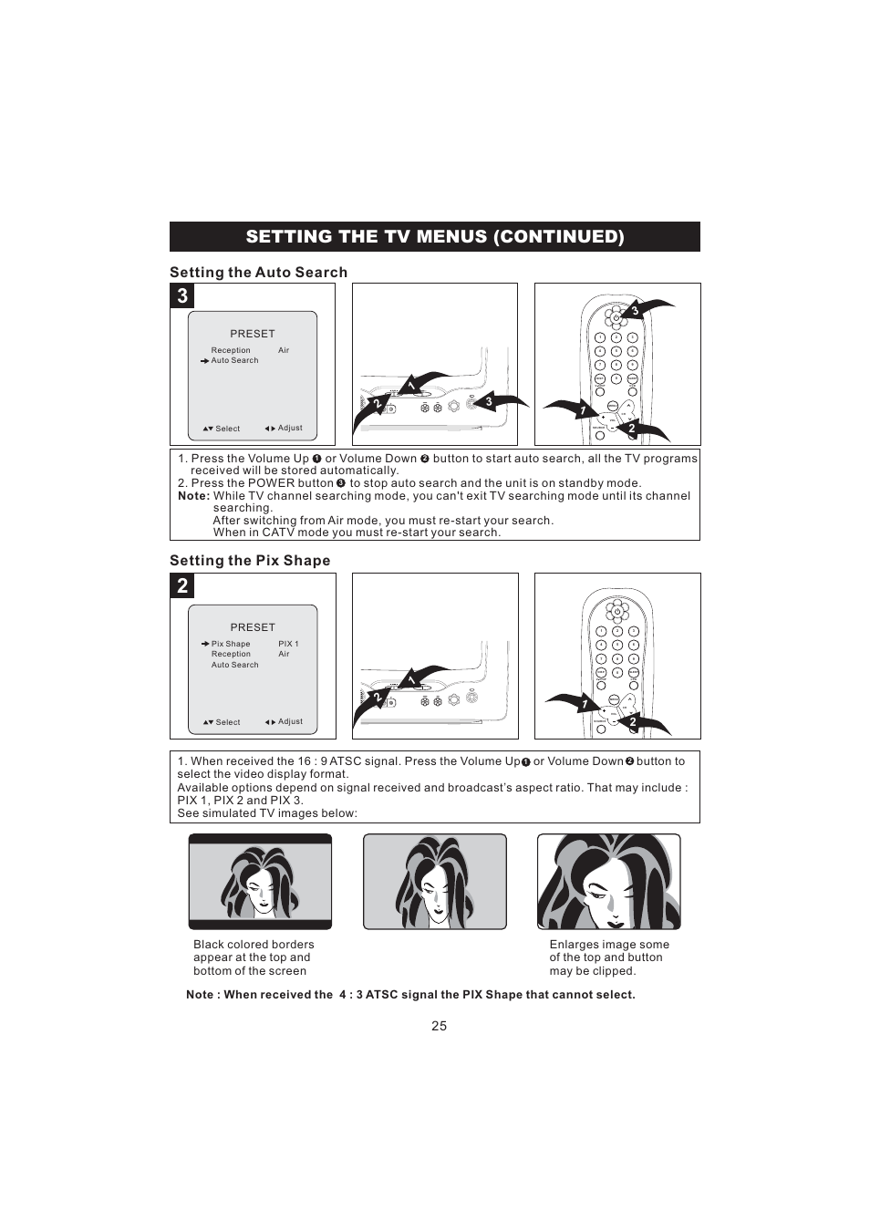 Setting the tv menus (continued), Setting the auto search, Setting the pix shape | Emerson Radio BAR322 User Manual | Page 26 / 36