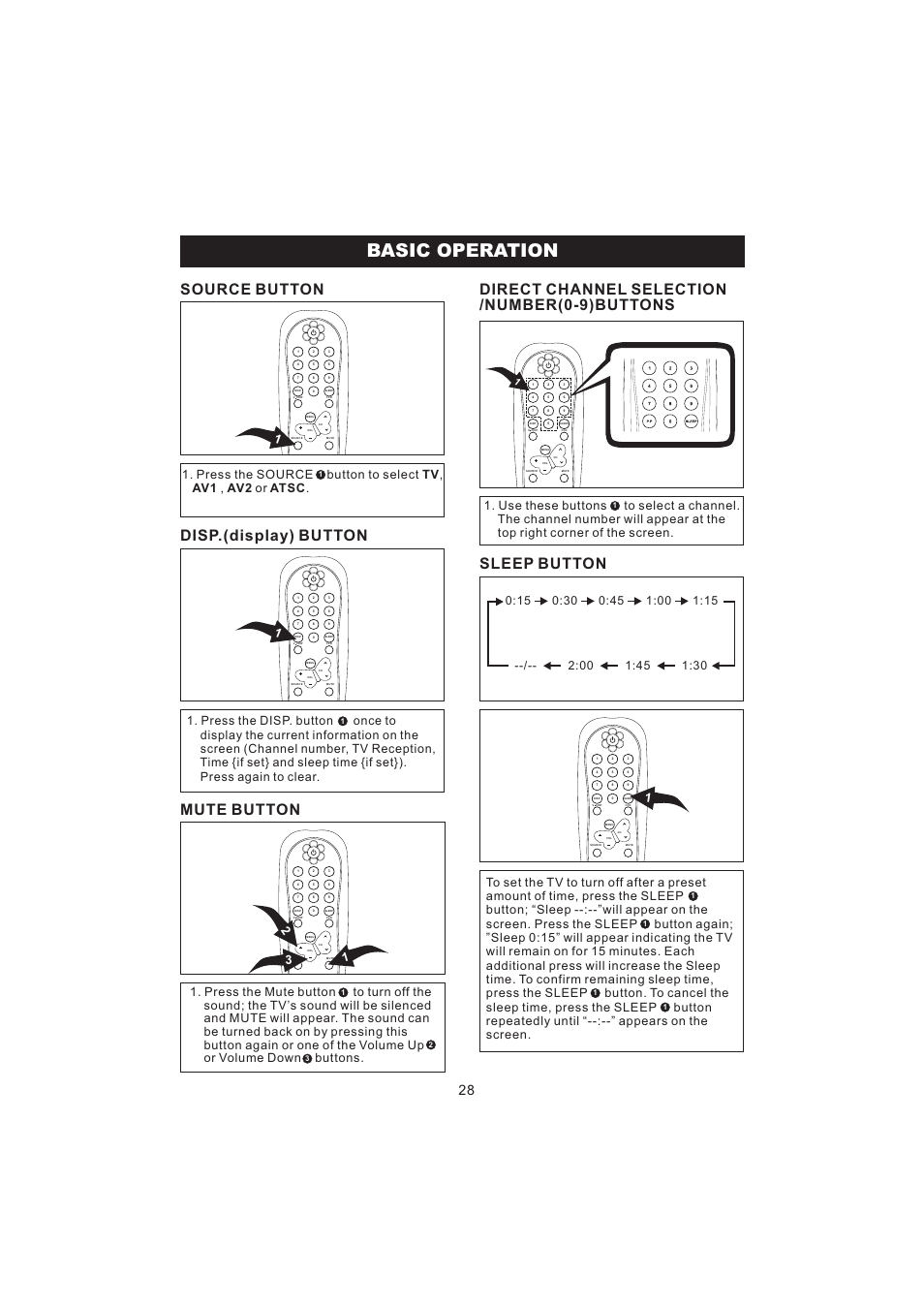 Basic operation, Source button, Sleep button | Disp.(display) button, Mute button, Direct channel selection /number(0-9)buttons | Emerson Radio BAR322 User Manual | Page 29 / 36