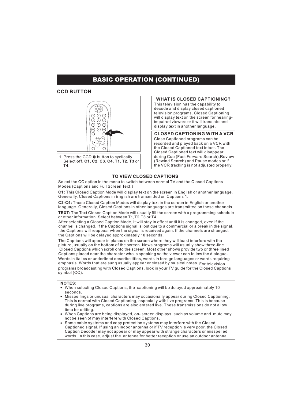 Basic operation (continued), Ccd button, 30 what is closed captioning | Closed captioning with a vcr | Emerson Radio BAR322 User Manual | Page 31 / 36