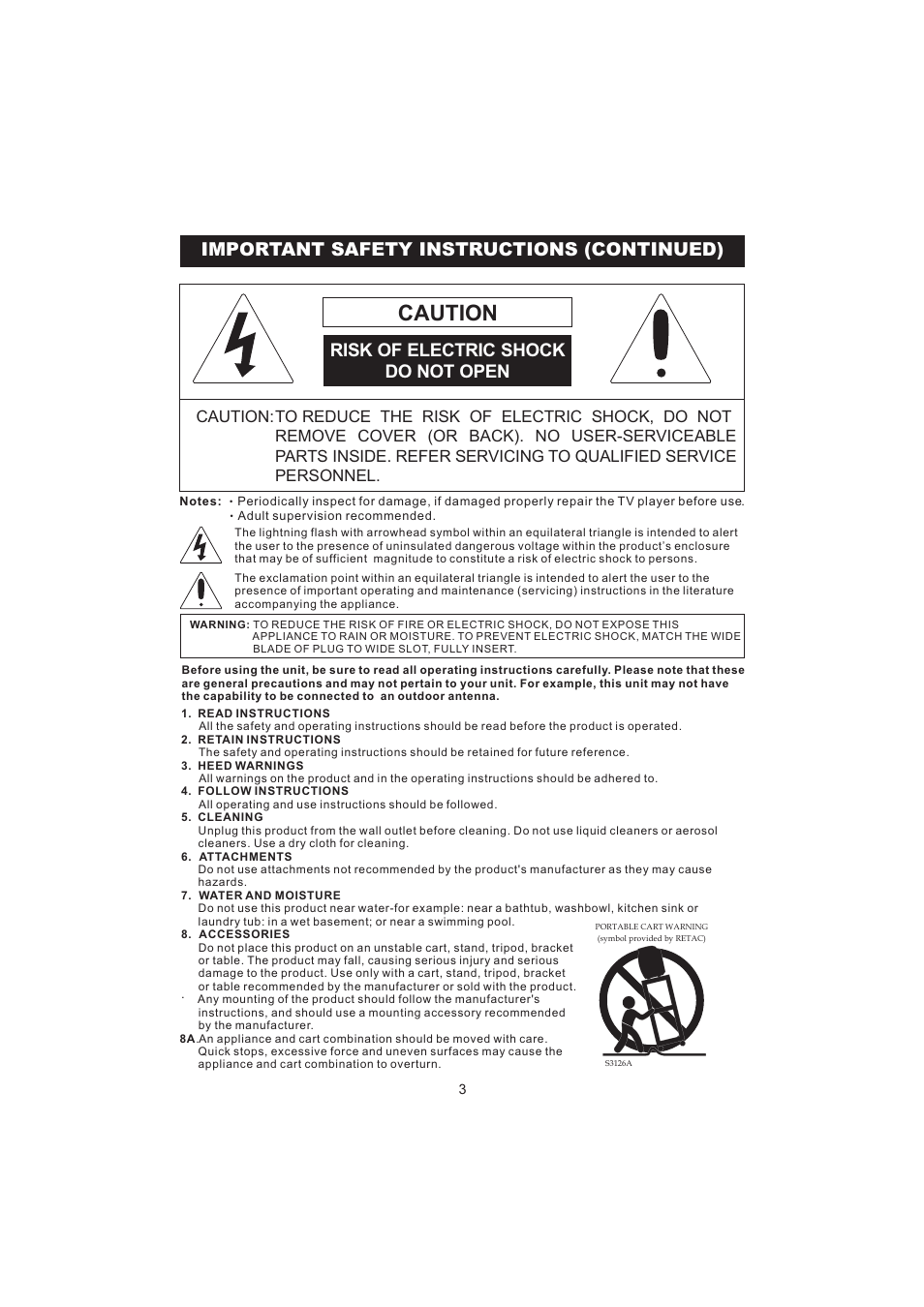 Caution, Important safety instructions (continued), Risk of electric shock do not open | Emerson Radio BAR322 User Manual | Page 4 / 36
