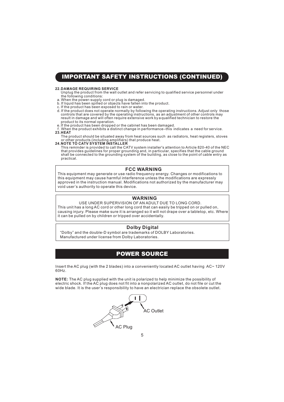 Important safety instructions (continued), Power source | Emerson Radio BAR322 User Manual | Page 6 / 36