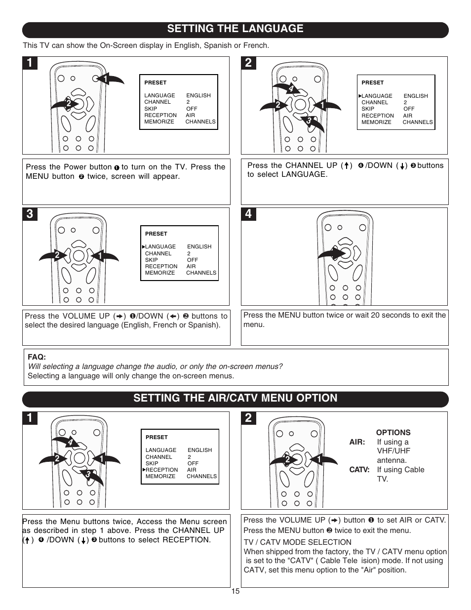 Setting the language, Setting the air/catv menu option | Emerson Radio DTE314 User Manual | Page 16 / 30