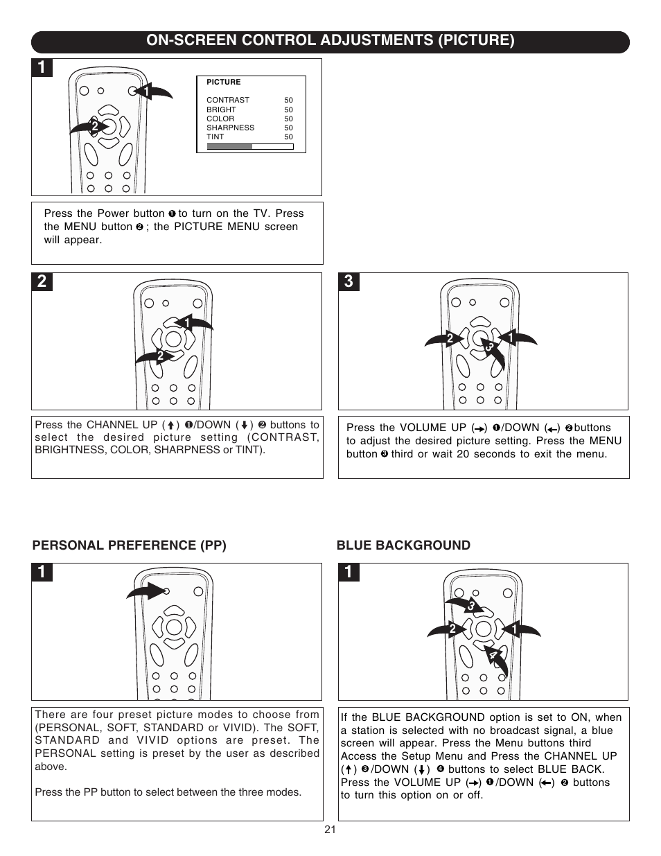 On-screen control adjustments (picture) | Emerson Radio DTE314 User Manual | Page 22 / 30