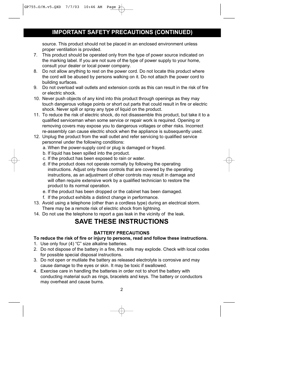 Save these instructions, Important safety precautions (continued) | Emerson Radio GP755 User Manual | Page 2 / 20