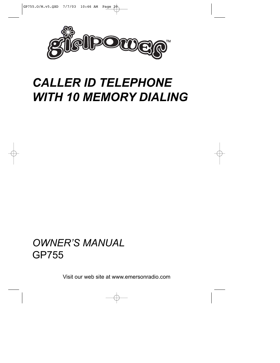 Owner’s manual gp755 | Emerson Radio GP755 User Manual | Page 20 / 20