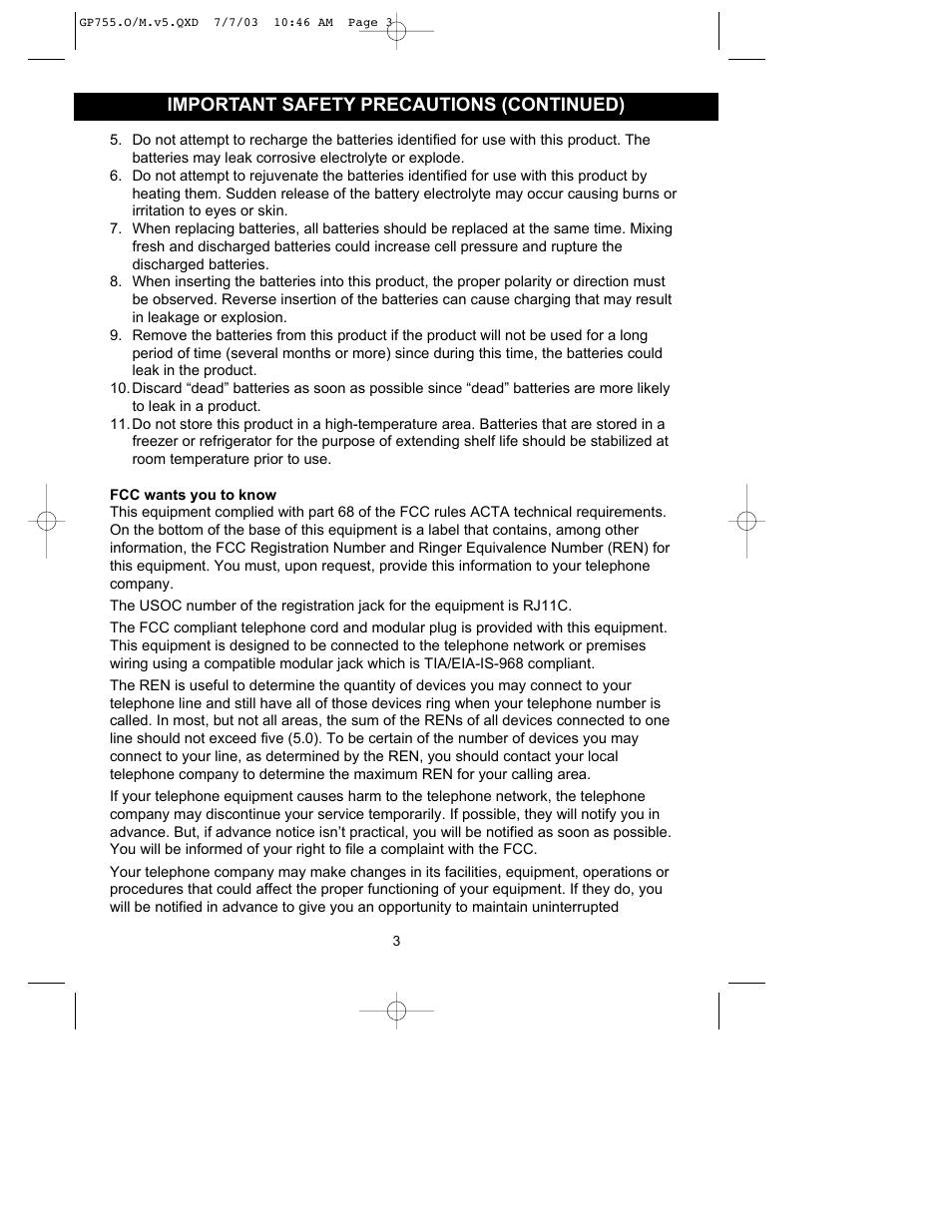 Important safety precautions (continued) | Emerson Radio GP755 User Manual | Page 3 / 20