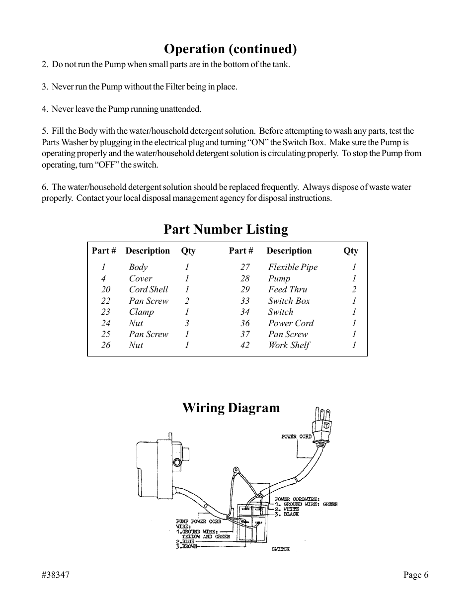 Operation (continued), Part number listing, Wiring diagram | Chicago Electric 38347 User Manual | Page 6 / 7