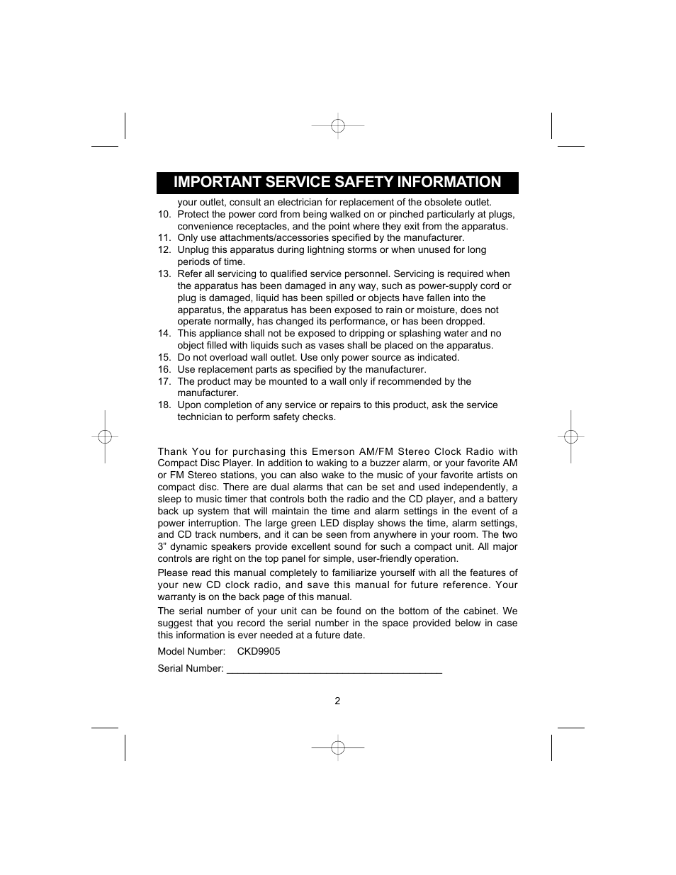 Important service safety information | Emerson Radio CKD9905 User Manual | Page 2 / 22