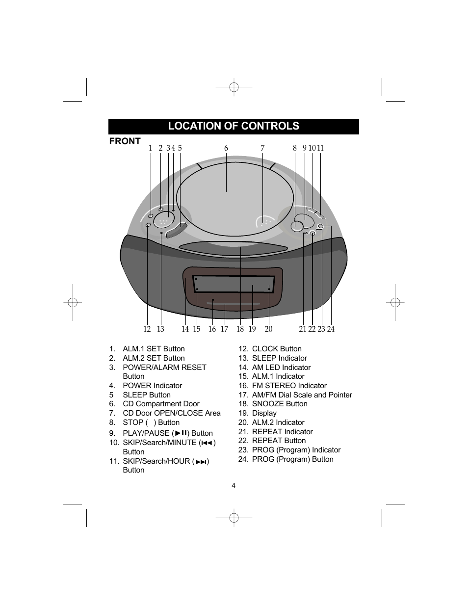 Location of controls | Emerson Radio CKD9905 User Manual | Page 4 / 22