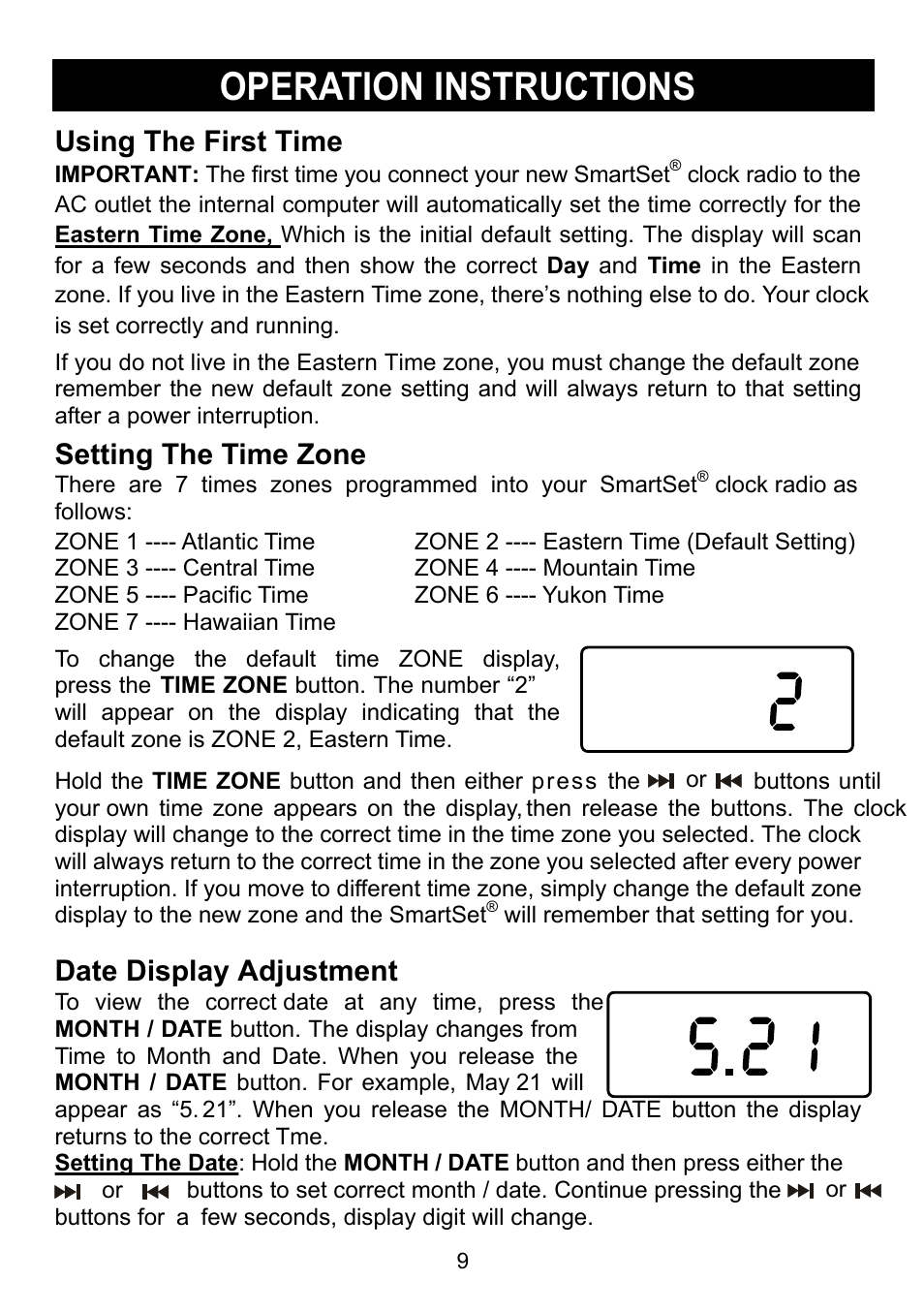 Operation instructions, Using the first time, Setting the time zone | Date display adjustment | Emerson Radio CKD9917 User Manual | Page 10 / 24