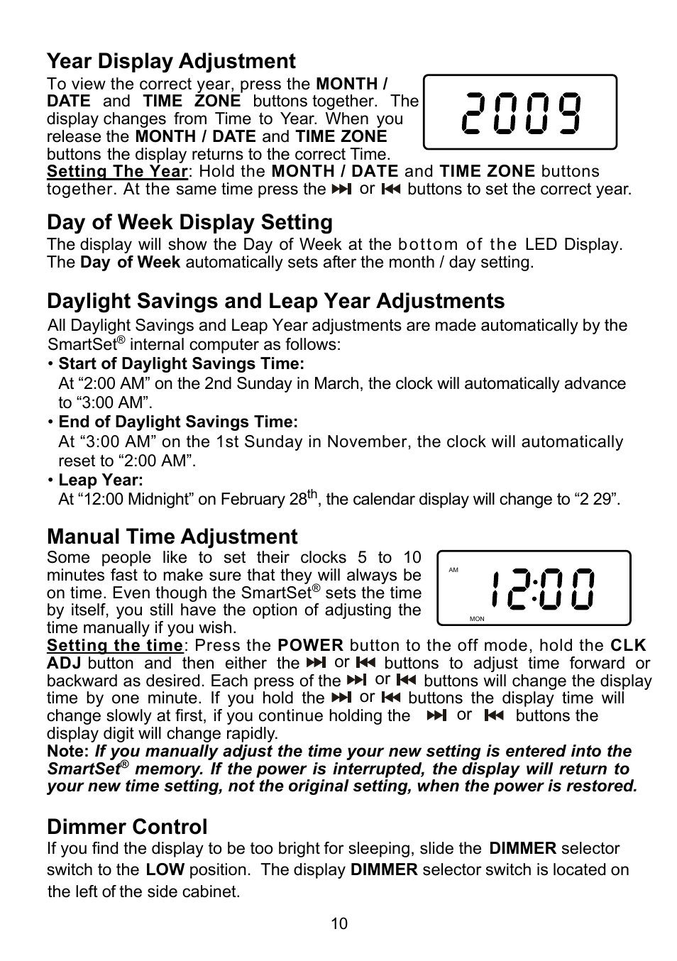 Year display adjustment, Day of week display setting, Dimmer control | Emerson Radio CKD9917 User Manual | Page 11 / 24