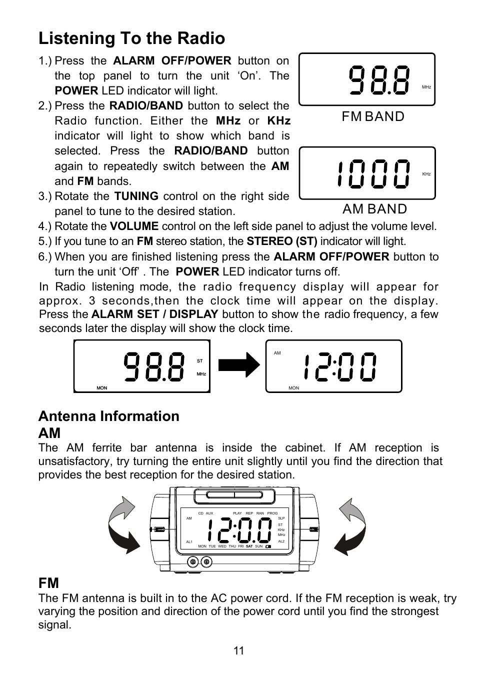 Listening to the radio, Antenna information am, Fm band am band | Emerson Radio CKD9917 User Manual | Page 12 / 24