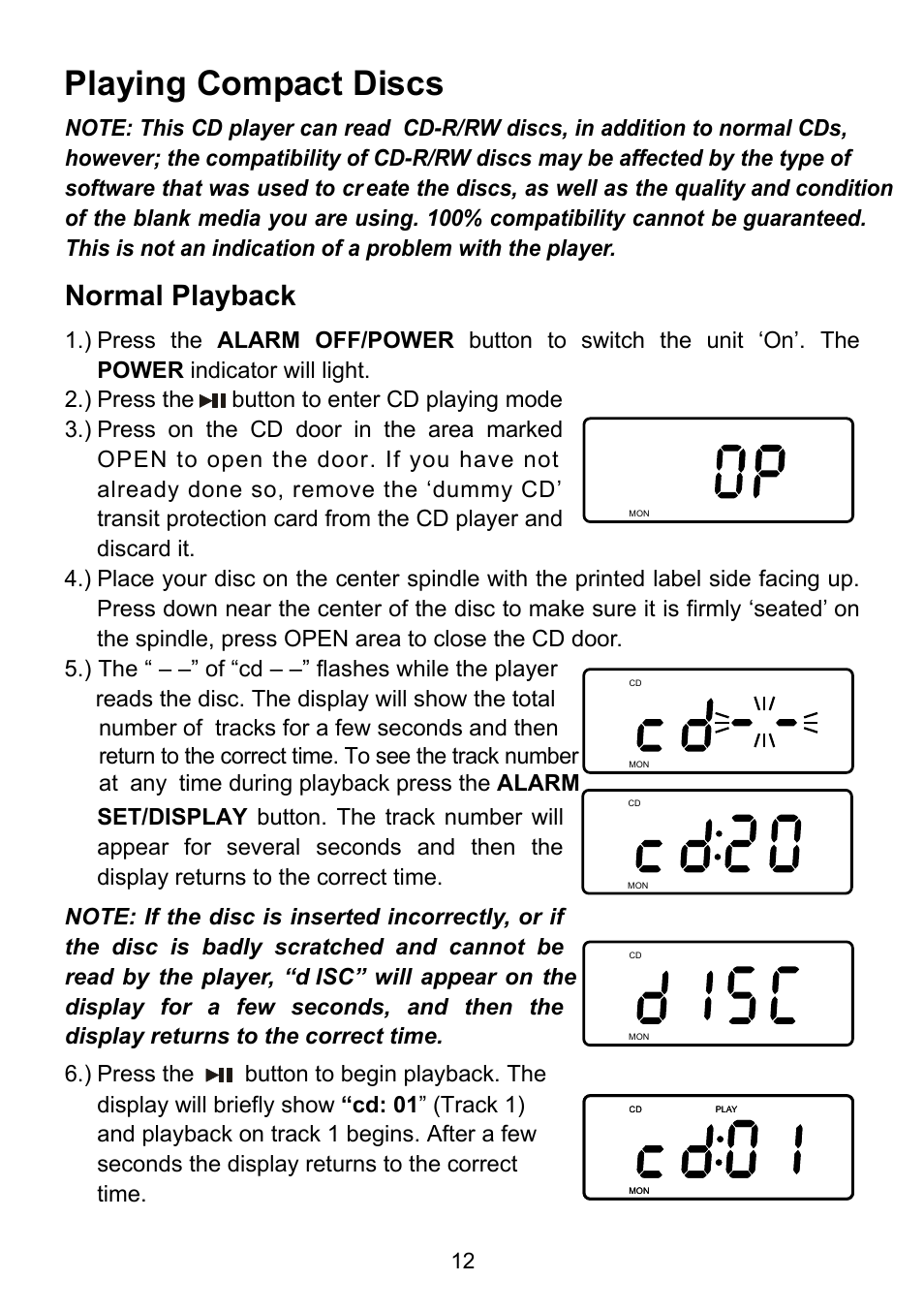 Playing compact discs, Normal playback | Emerson Radio CKD9917 User Manual | Page 13 / 24