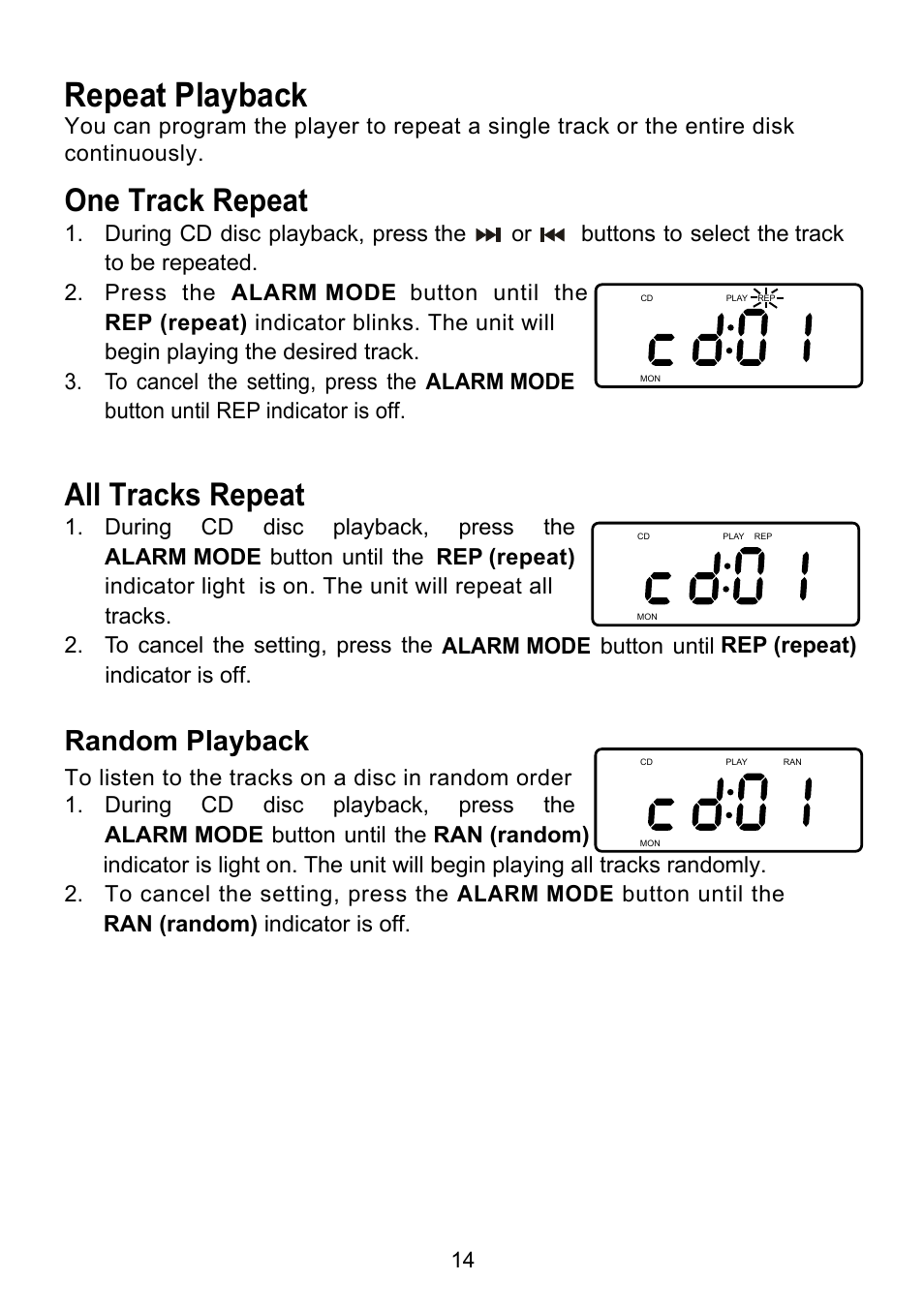 Repeat playback, One track repeat all tracks repeat, Random playback | Emerson Radio CKD9917 User Manual | Page 15 / 24