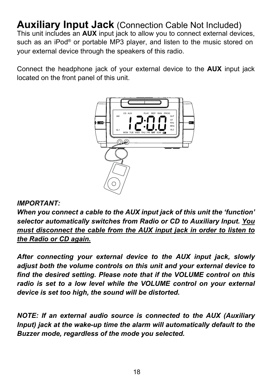 Auxiliary input jack, Connection cable not included) | Emerson Radio CKD9917 User Manual | Page 19 / 24