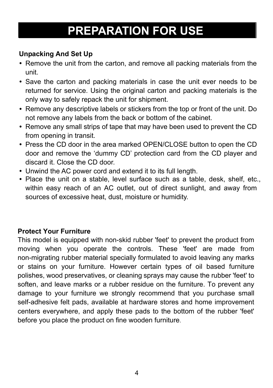 Preparation for use | Emerson Radio CKD9917 User Manual | Page 5 / 24