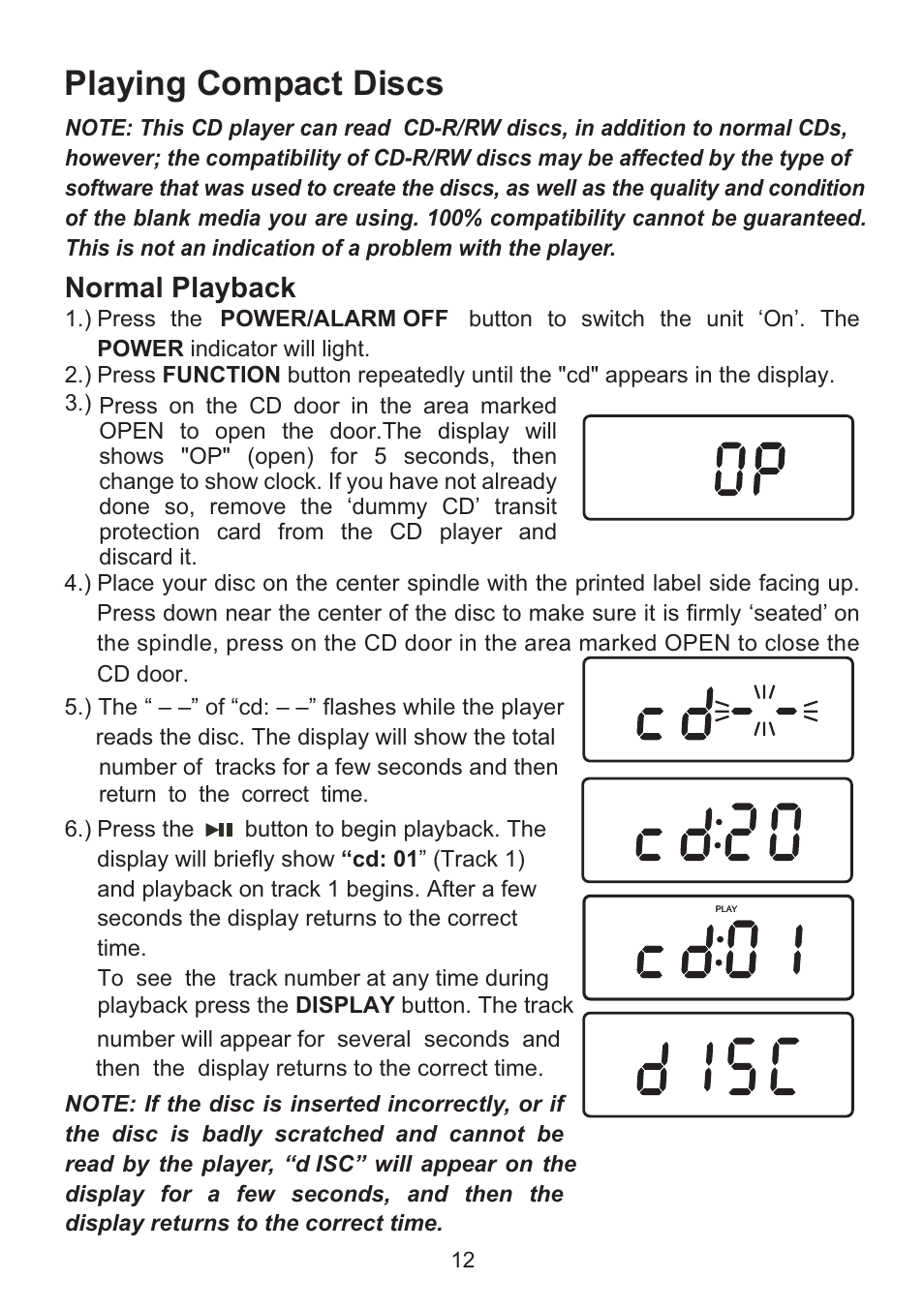 Playing compact discs, Normal playback | Emerson Radio CKD9918 User Manual | Page 13 / 24