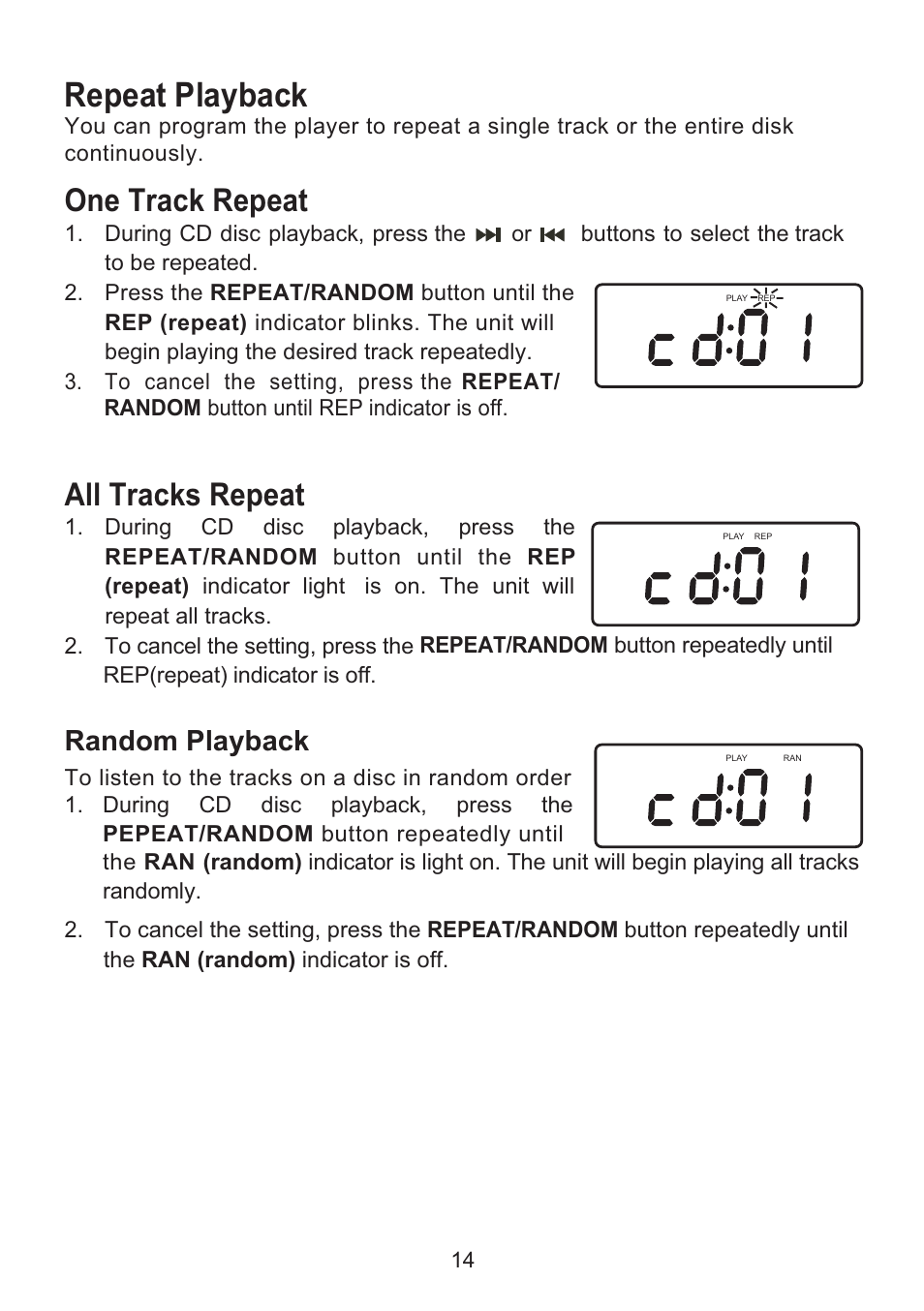 Repeat playback, One track repeat all tracks repeat, Random playback | Emerson Radio CKD9918 User Manual | Page 15 / 24
