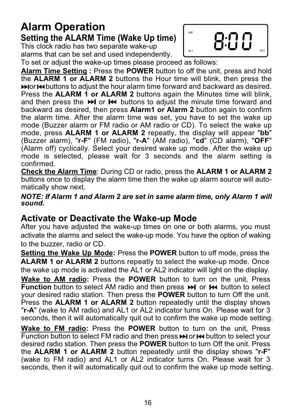 Alarm operation, Setting the alarm time (wake up time), Activate or deactivate the wake-up mode | Emerson Radio CKD9918 User Manual | Page 17 / 24