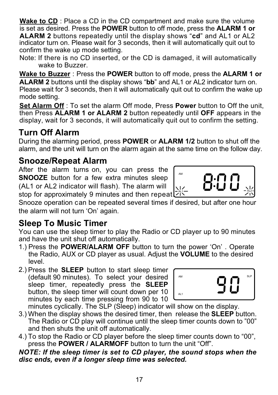 Turn off alarm, Snooze/repeat alarm, Sleep to music timer | Emerson Radio CKD9918 User Manual | Page 18 / 24